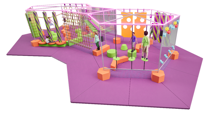 Children's indoor play area with colorful structures and soft flooring on a white background