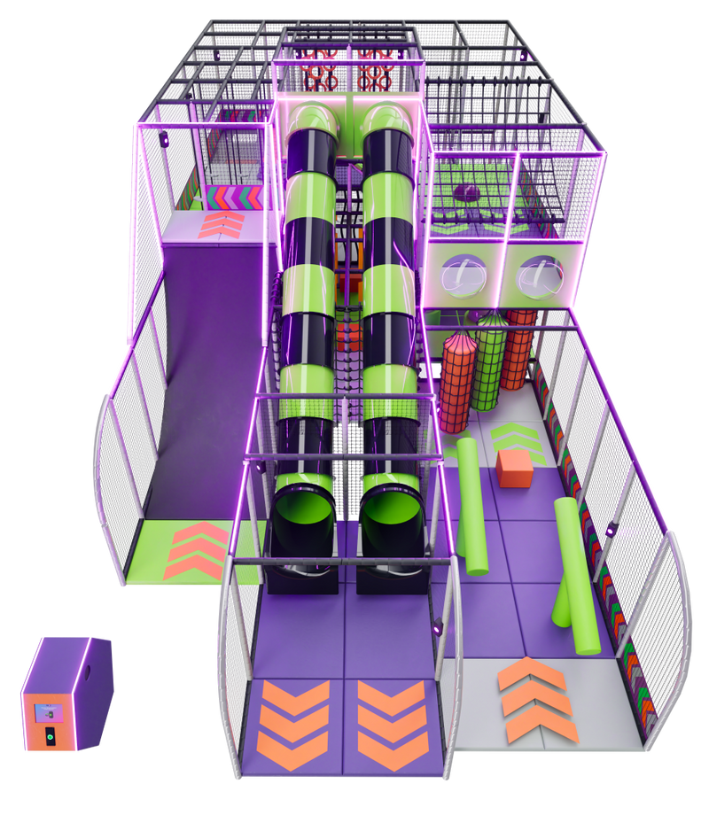 Colorful indoor playground with slides and play structures on a white background